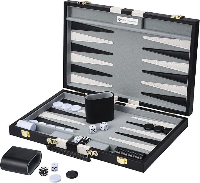 Get The Games Out Top Backgammon Set - Small Travel Size Classic Board Game Case - Best Strategy & Tip Guide (Black, Small)