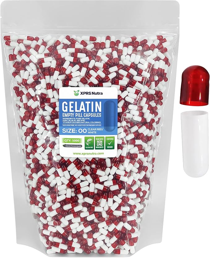 XPRS Nutra Size 00 Empty Capsules - 5000 Count Empty Gelatin Capsules - Pills DIY Capsule Filling - Fillable Pill Gel Caps for Do It Yourself Supplements (Clear Red/White)