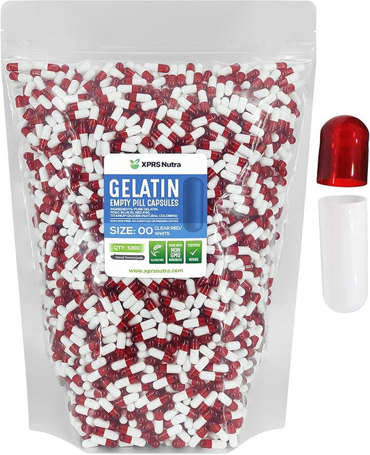 XPRS Nutra Size 00 Empty Capsules - 5000 Count Empty Gelatin Capsules - Pills DIY Capsule Filling - Fillable Pill Gel Caps for Do It Yourself Supplements (Clear Red/White)