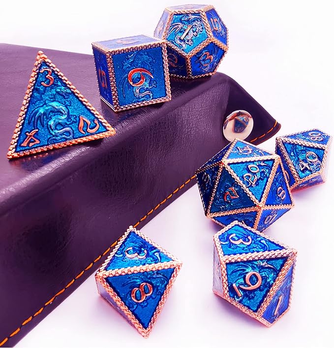 HAOMEJA Dungeons and Dragons Dice Metal Dragons Dice Set DND D&D Dice RPG Games (Glitter Red Copper Blue)