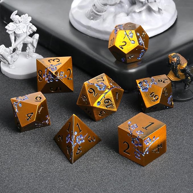 Metal Dice Flowers, 7 PCS Metallic Dungeons and Dragons Dice Set with Gorgeous Gift Case for DND Dungeons and Dragon Tabletop Game (Ancient Brass with Blue Flowers)