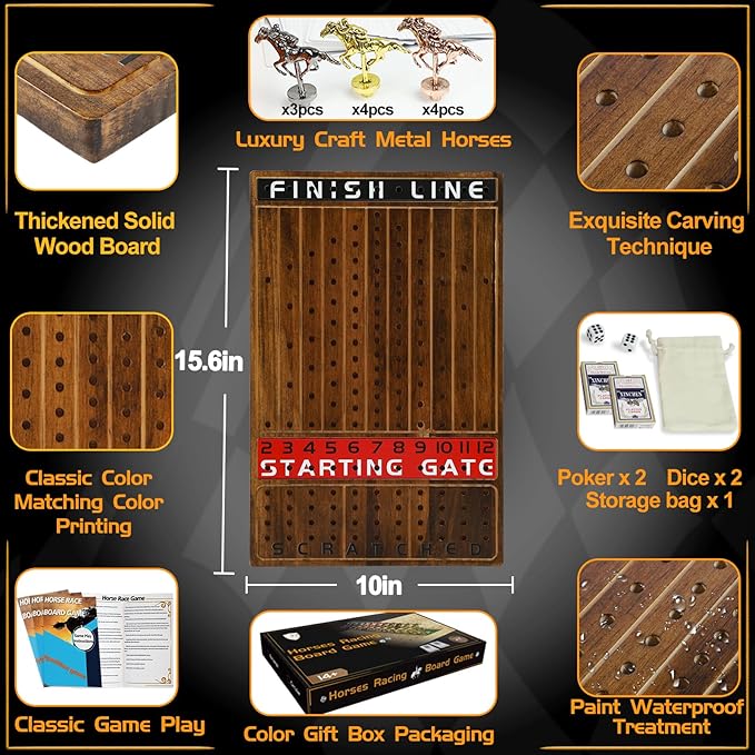 Horse Race Board Game Racing Game Thickened Solid Wood with 11 Luxurious Durable Classic Metal Horses with 2 Dice and 2 Boxes of Cards Horse Racing Game (Rustic Brown, Rectangle)