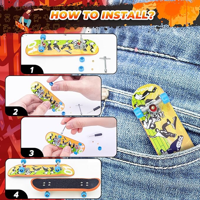 Finger Skateboards Ramp Set, 6 in 1 Fingerboard Skatepark Deck with 6 Ramps, Fingerboard Half Pipe Ramp for Kids Adults Fingerboard Training Props Interactive Freestyle Skate Game, Yellow