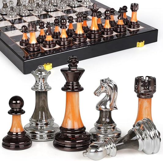 15" Large Chess Set for Adults Kids with Weighted Acrylic Chess Pieces 3.5" King & Portable Folding Marbling Wooden Chess Board Travel Chess Sets Family Board Game Gift – Elegant Classic Chess Game