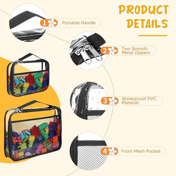 8 Packs Toy Storage Bags with Zipper, Reusable Clear PVC Board Game Storage, Travel Waterproof Organizer Bags with Portable Handle for Building Blocks, Bricks, Puzzles, Books
