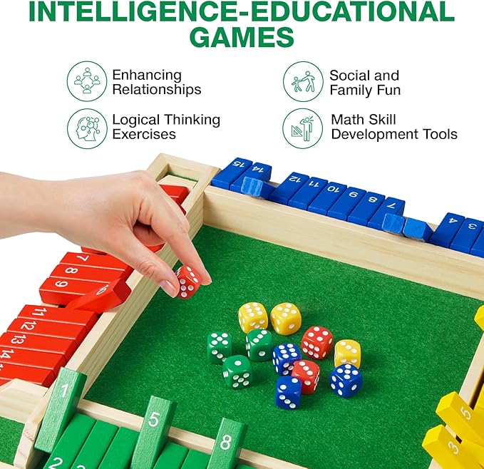 Upgrade Shut The Box Dice Game 1-4 Player, Wooden Board Table Math Games with 16 Dices, Classics Tabletop Version Games for Kids & Adults, Home, Classroom, Party or Pub (14 Inches)