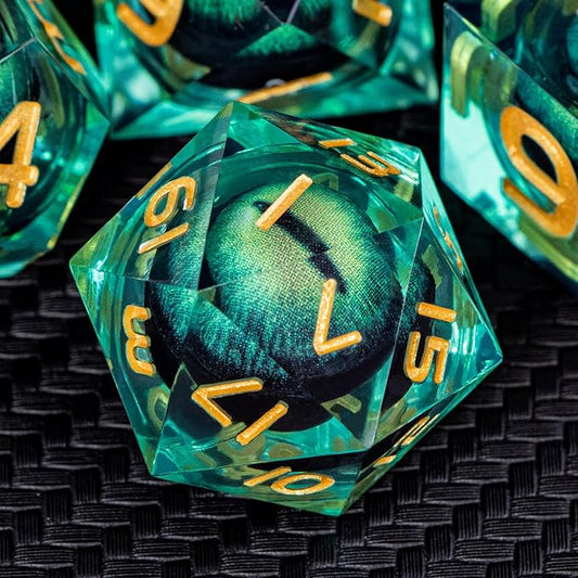 ARUOHHA DND Resin Dice Dragon Eye Liquid Core Polyhedral D and D Dice Set with Gift Box, Green Sharp Edged Dice Role Playing Game D20 D12 D10 D8 D6 D4