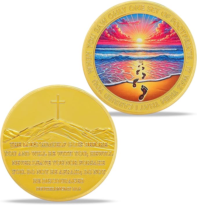 Seaside Footprints Religious Coin Inspirational Bible Verse Medallion Faith-Based Gifts for Spiritual Encouragement for Men & Women