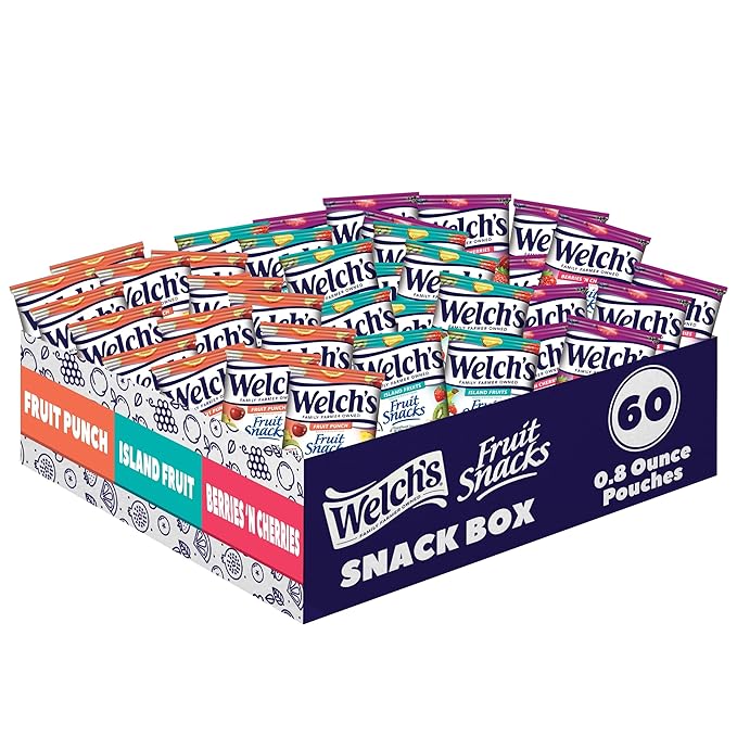 Welch's Fruit Snacks, Fruit Punch & Island Fruits & Berries 'N Cherries Snack Box, Gluten Free, 0.8oz Snack Packs (Pack of 60)