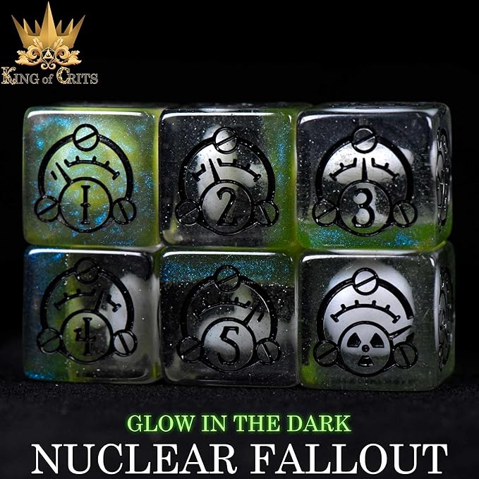 Nuclear Fallout 11 Dice Set | Glow in The Dark Radiation Wasteland Themed Polyhedral Dice Set | 3D Printed Mushroom Clouds and Geiger Counters DND MTG Tabletop Board Game Dice
