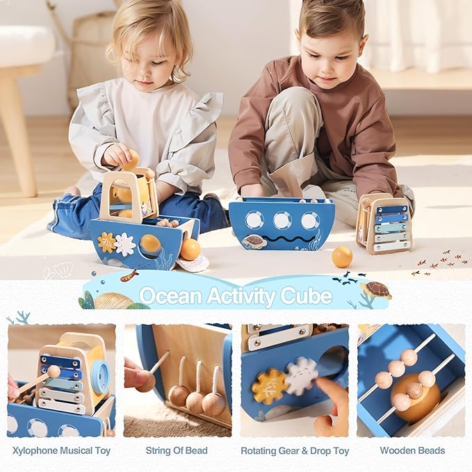 let's make Wooden Activity Cube 8-in-1 Montessori Toys Includes Object Permanent Box Early Learning Activity Cube Montessori Sensory Toys for Toddler Baby First Birthday Gifts