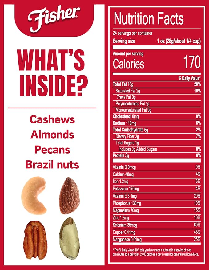 Fisher Snack Deluxe Mixed Nuts, 24 Ounces, Cashews, Almonds, Pecans, Brazil Nuts, 100% Recyclable, Healthy Snacks for Adults