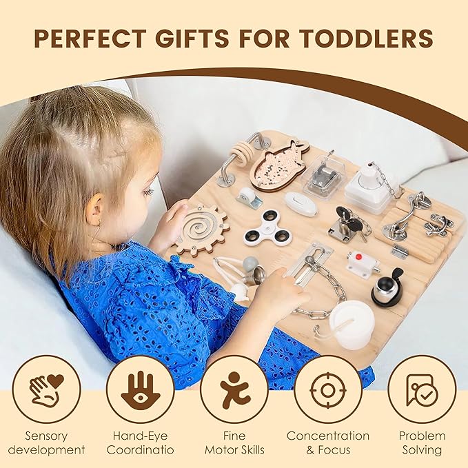 Wooden Montessori Busy Board for 1 2 3 4 Year Old, Montessori Sensory Activity Board Toys for Kids Toddler Baby Boys Girls, for Autism & ADHD Motor Skills