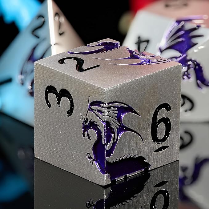 Purple Dragon Metal Dice HNCCESG 7 Piece Heavy Metallic D&D Dice Set with Dungeons and Dragon Gift Dice Box for TTRPG Tabletop Game (Matte Silver Purple)