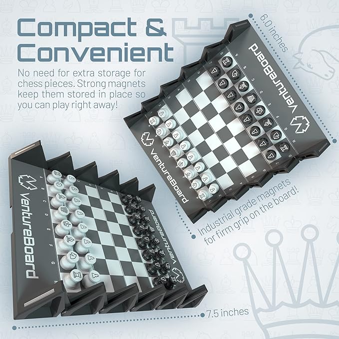 6 Inches Magnetic Unique Chess Set Board Game - 2 Extra Queens - Folding Board, Portable Travel Chess Board Game Pieces - Black/Grey