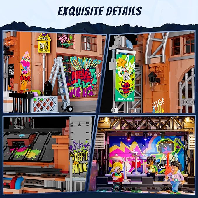 FUNWHOLE Factory House of Music Lighting Building Bricks Set - Street Fusion Music Club City Town Fully Accessible Multi-Form Modular Collection Kit 2654 Pcs for Adults & Teens & Street Culture Lovers