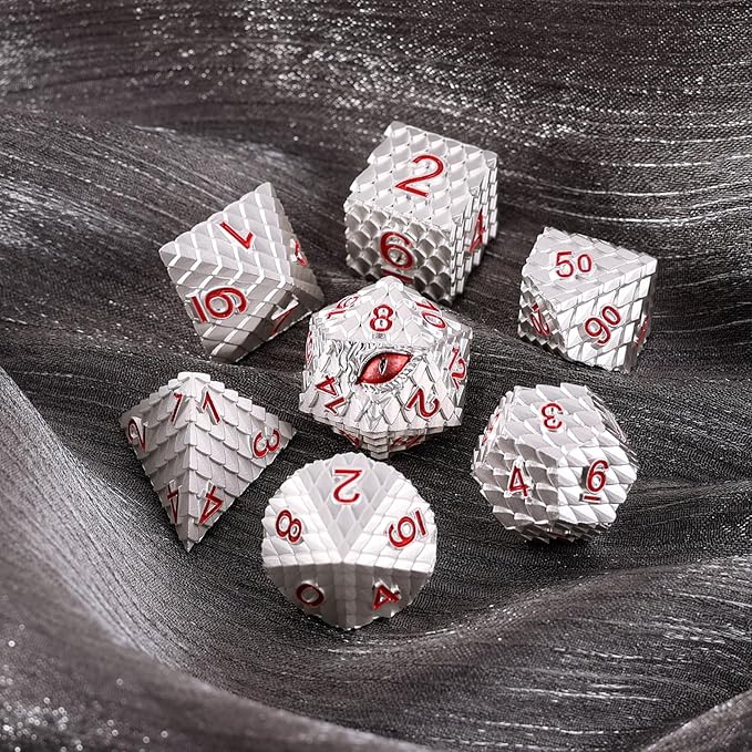 Metal Dice Set D&D,7 PCS Dragon Scale Metallic DND Dice Set,Dragon Eye Metal Dice with Gift Metal Box for Dungeons and Dragon Tabletop Game (White Dragon Scale & Red Eye)