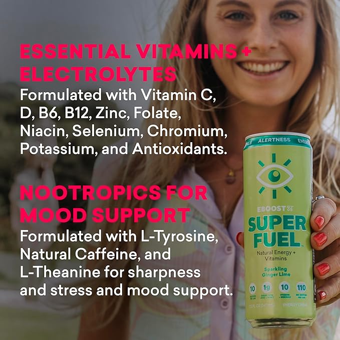EBOOST Super Fuel Energy Drink - Strawberry Lemonade - 12 Pack x 11.5 Fl Oz - Caffeine from Natural & Clean Ingredients - Essential Electrolytes, Nootropics, and Vitamins - Sports Preworkout Drink