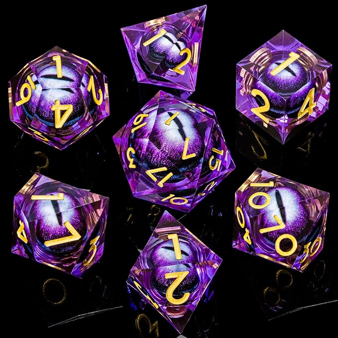 ARUOHHA DND Resin Dice Dragon Eye Dice Liquid Core Purple Sharp Edged Dice Set with Gift Box, Dungeons Polyhedral D and D Dice Set Compatible with D&D Role Playing Game D20 D12 D10 D8 D6