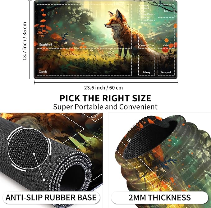 Playmat with Zones for MTG Card Game Playing, 24"x14" Commander Deck Gaming Desk Duel Mat for Beginner, Forest Fox