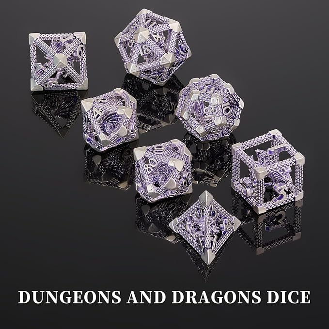 DND Dice, HNCCESG Purple White Dragon Hollow Metal Polyhedral Dice Set for Dungeons and Dragons Dice RPG MTG Table Board Games (Purple White Dragon)