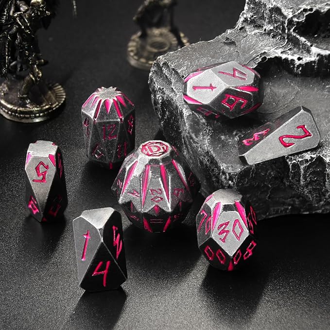 DND Metal Dice Set, ZHOORQI 7 Pcs Polyhedral Dice, Perfect for Dungeons and Dragons, RPG Role Playing Games - Unique Cool Dice with Stonehenge Themed Design for Game Gifts（Black Pink）