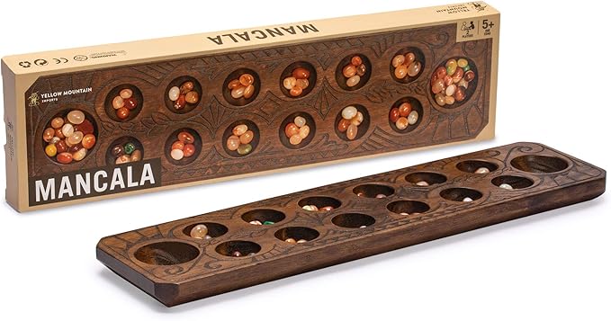 Yellow Mountain Imports Mancala Set with 17.3-Inch Solid Wood Board and Quartz Pebble Playing Pieces