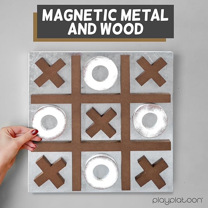Play Platoon Magnetic Tic Tac Toe Game - Large Metal and Wooden Wall Mounted Board Games - 13.5 Inch Table Top or Wall Mounted Farmhouse Rustic for Game Room - Barnwood