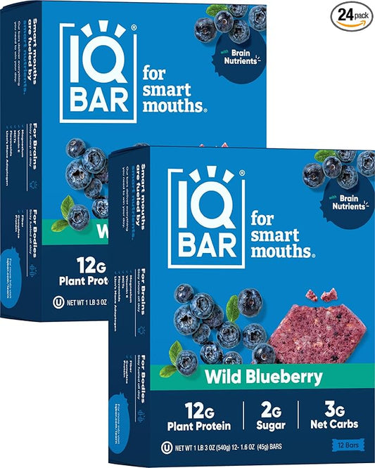 IQBAR Brain and Body Plant Protein Bars - Wild Blueberry - 24-Count Low Carb - Gluten Free, High Fiber, Vegan Snacks - Low Sugar Meal Replacement