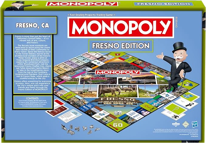 Monopoly Board Game Fresno CA Edition : 2-6 Players Family Board Games for Kids and Adults, Board Games for Kids 8 and up, for Kids and Adults, Ideal for Game Night