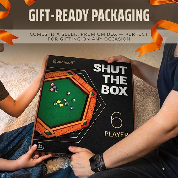 Queensell Shut The Box Game 12 Numbers for 1-6 Players - 16-inch Wooden Board Shut The Box Game 12 Numbers for Adults & Kids - Ideal for Games Night