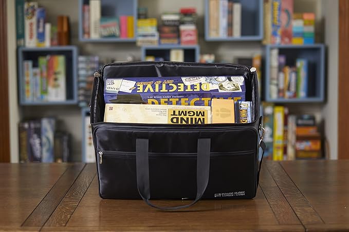 Board Game Bag - Fits 7 Standard Boxes - Carry With Backpack/Shoulder Strap/Luggage Slip - Padded For Protection - Duffle Bag For Travel Or Game Night - Pocket For DND Accessories (Carbon Fiber Black)