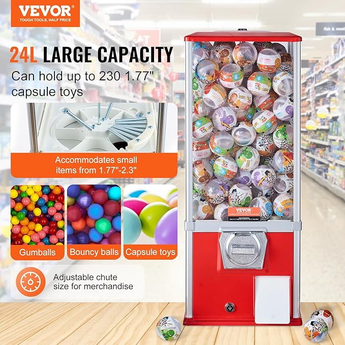 VEVOR Gumball Machine for Kids, 25" Height Home Vending Machine, PS Bouncy Balls Dispenser, Hold 230 Capsule Toys, Rectangle Bubble Gum Machine for Game Stores, Coin Operated Gumball Bank, Red