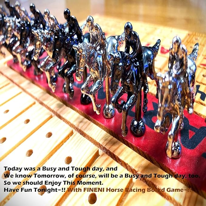 Horse Racing Game for Adults, Horse Race Board Game with 11 Luxurious Metal Horses (Silver, Black), 22” Pine Wood Horse Race Game Board, Dice & Card Included (Log Color2)