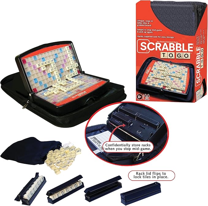 Winning Moves Games Scrabble to Go USA, a Travel Version of The World's Favorite Word Game, for 2 to 4 Players, Ages 8+ (1202), Black,red