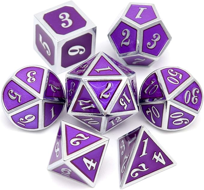 Haxtec Metal DND Dice Purple Silver with PU Leather Dice Bag D&D Dice Set for RPG Dungeons and Dragons Gifts TTRPGs-Silver Royal Purple