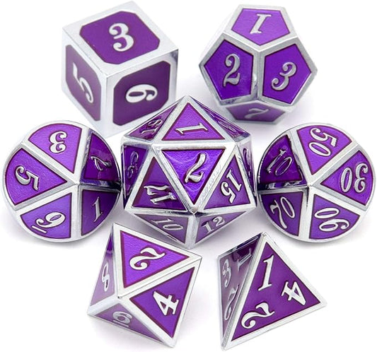 Haxtec Metal DND Dice Purple Silver with PU Leather Dice Bag D&D Dice Set for RPG Dungeons and Dragons Gifts TTRPGs-Silver Royal Purple