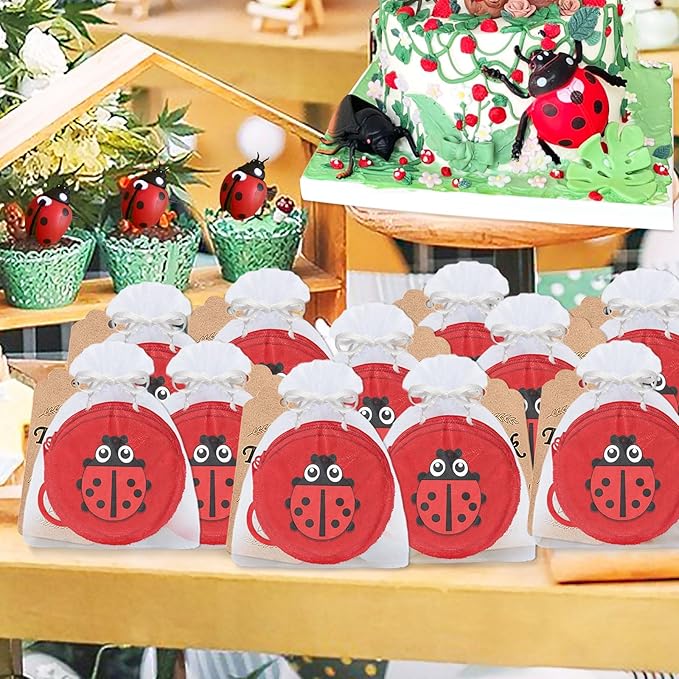 15 Pack Ladybug Mini Coin Purse with Keyrings for Ladybug Themed 1st Women Girls Birthday Insect Baby Shower Party Decoration,Red