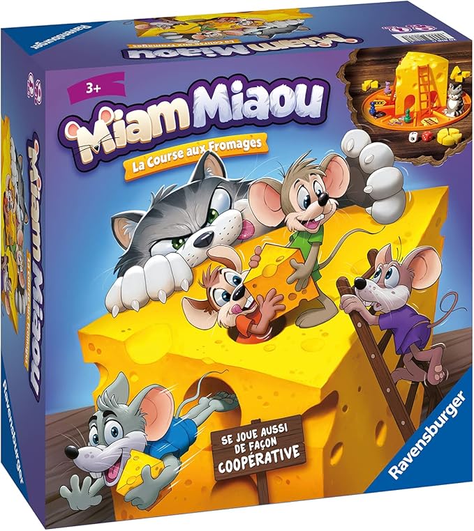 Ravensburger Miam Miaou - La Race aux fromages - First Board Game for Children - Fun evolutive Cooperative Course - 2 to 4 Players from 3 Years Old - Mixed - 20818 - French Version