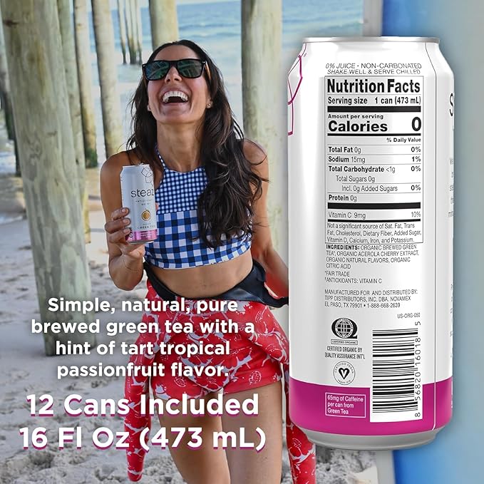Steaz - Organic Green Tea - Unsweetened Passionfruit (12 Pack) - Antioxidant Brew - 65mg Natural Caffeine, Zero Sugar, 0 Calories, Vitamin C - Unsweetened Iced Tea - Vegan - 12 Cans, 16 fl oz (473mL)