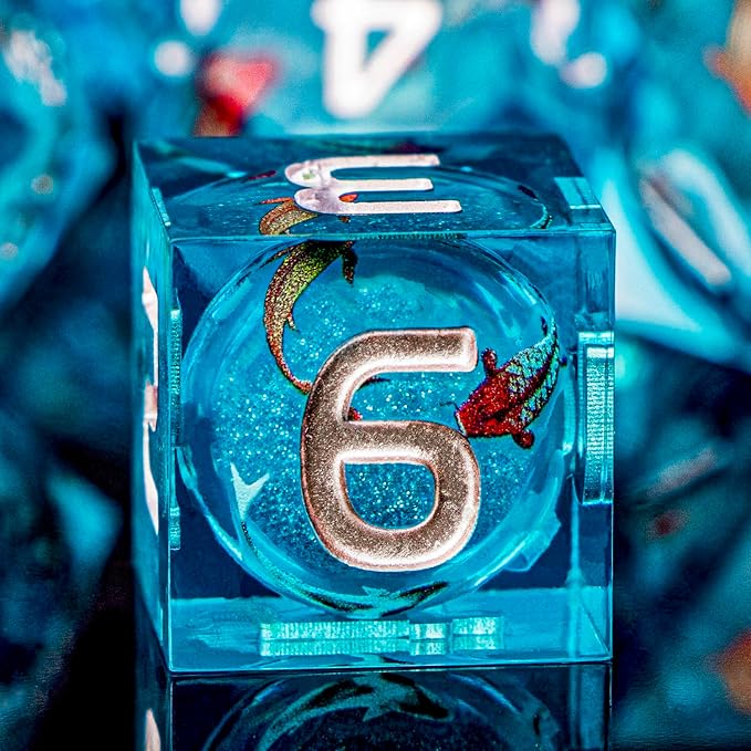 ARUOHHA Liquid Core DND Dice Set, 7pcs Resin Blue Sharp Edged Dragons Dice Compatible with D&D Role Playing Games, Handmade RPG Koi Fish Dungeons Polyhedral Dice Set D20 D12 D10 D8 D6 D4
