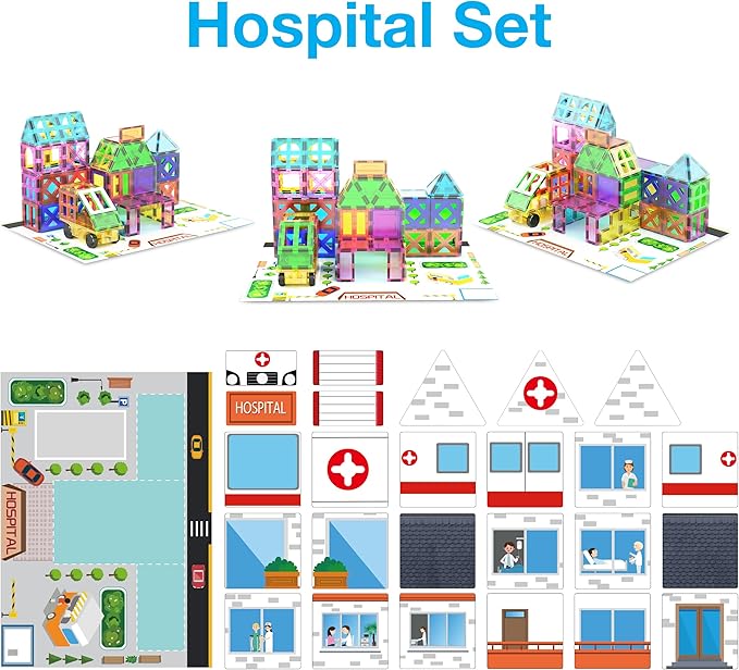 PicassoTiles 3-in-1 Theme Set School Hospital Police Station Magnet Self Adhesive Backing Stick-On Sheet Combo w/Car Magnet Building Block Playset STEM Learning Construction Brain Development Kit