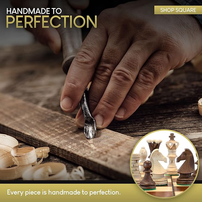 Wegiel Handmade European Ambassador Chess Set - Wooden 21 Inch Beech & Birch Board with Felt Base - Carved Hornbeam & Sycamore Wood Chess Pieces