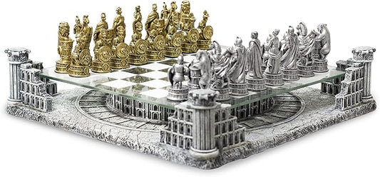 BB Brother Brother Ancient Roman Gladiators 3D Chess Board Game Set, Glass Board, Handmade Gold and Silver Polyresin Chess Pieces for 2 Players