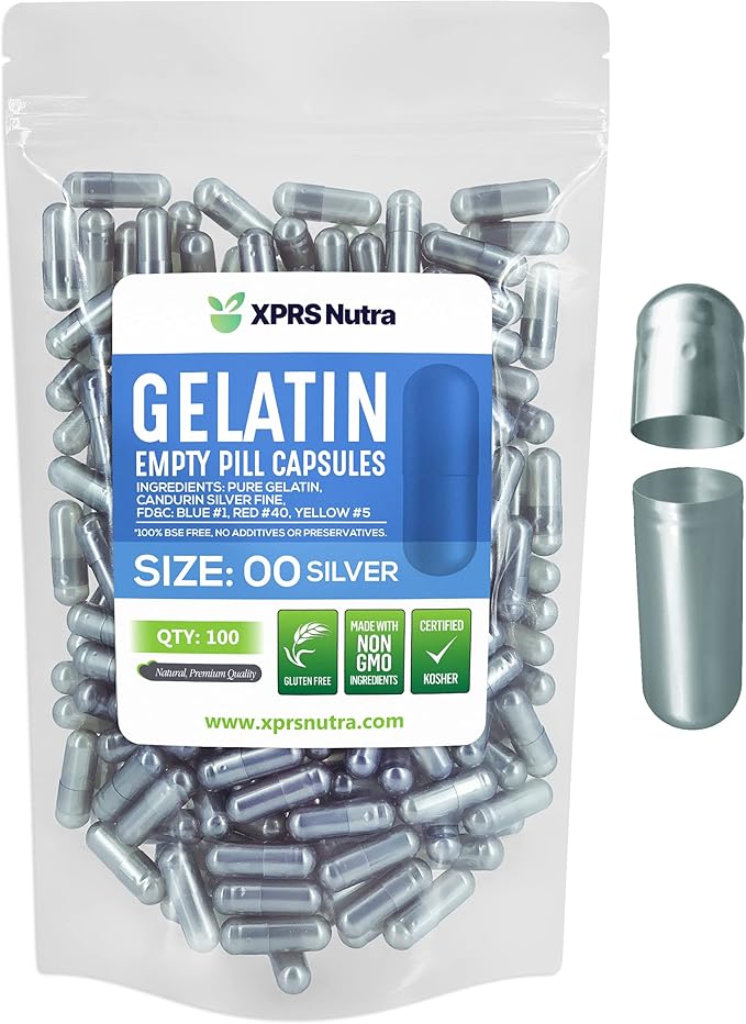 XPRS Nutra Size 00 Empty Capsules - 100 Count Empty Gelatin Capsules - Pills DIY Capsule Filling - Fillable Pill Gel Caps for DIY Supplements (Silver)