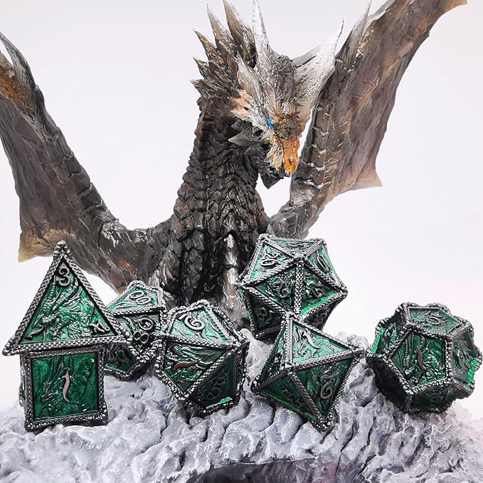 HAOMEJA Metal Dice DND Dragon Dice Set 7 Role Playing Dice D&D Solid Dice Dungeons and Dragons (Black Nickel Green)