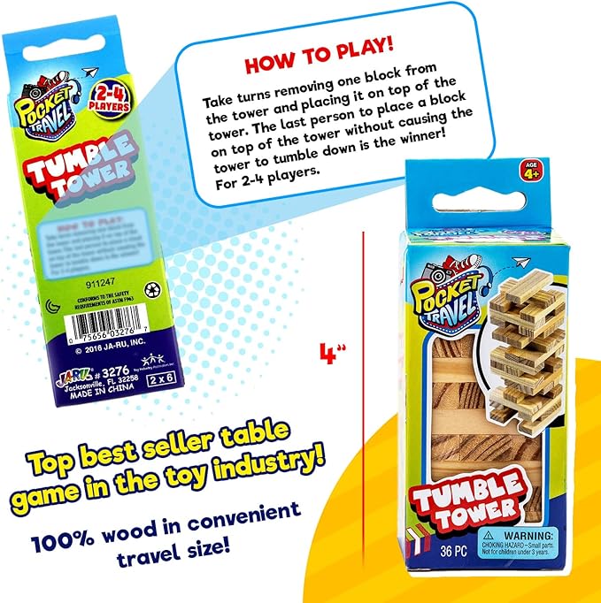 JA-RU Real Wood Mini Tumble Tower Classic Game (12 Sets) Travel Size 4 Inch. Tumbling Tower Stacking Blocks Toy Party Favors Board Games. 3276-12p