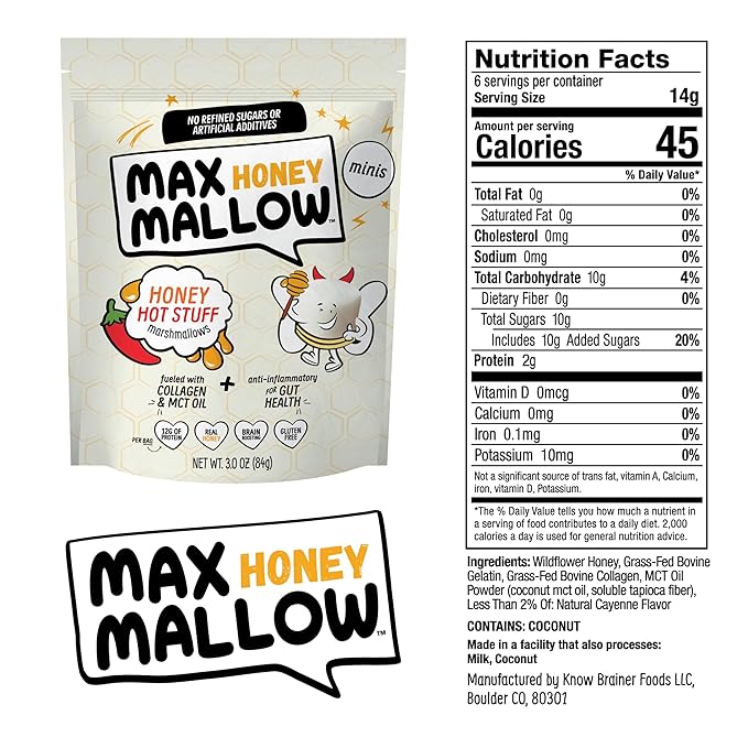 Max Mallow Hot Stuff Mini HONEY Marshmallows – Gut Friendly, Gluten Free, No Refined Sugars, Real Wildflower Honey, Collagen-Infused Snack (3 Pack, Honey Hot Stuff)