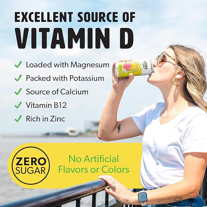 ShineWater Vitamin D Hydration Electrolyte Drink - Flavored water with electrolytes, Sugar-Free, Magnesium, Zinc, Vitamin B12, Plant-Based, Low Calorie - Tropical Lemonade Fruit Water 12 Pack