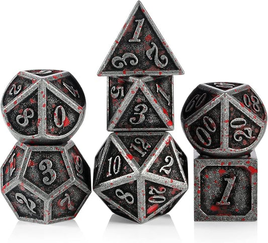 Acient Silver Bloodstained Metal Dice Set DND, DNDND 7PCS Metallic Halloween Die with Metal Case for Dungeons and Dragons Tabletop Games